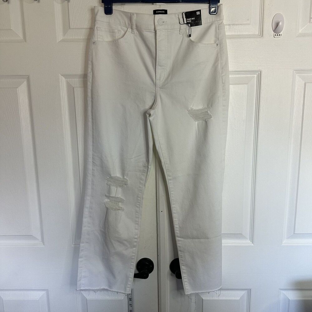 New EXPRESS Straight Ankle White Mid Rise White Jeans Size 10 R